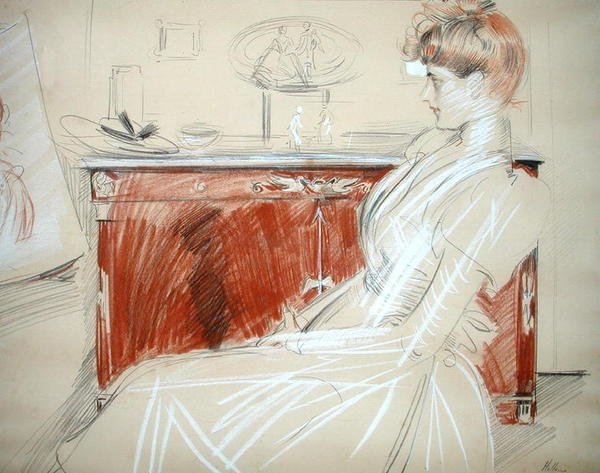 Madame Helleu i salongen hennes, ca. 1900 (blyant og kritt på papir) av Paul Cesar Helleu