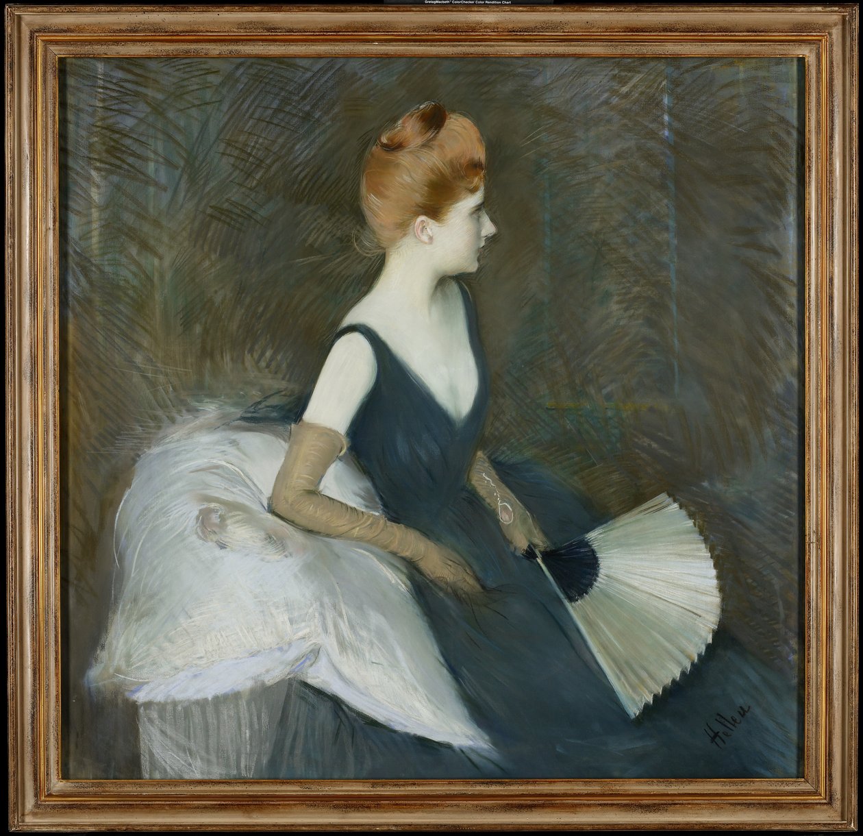 Madame Marthe Letellier sitter på en sofa og holder en vifte, ca. 1895 (pastell på lerret) av Paul Cesar Helleu
