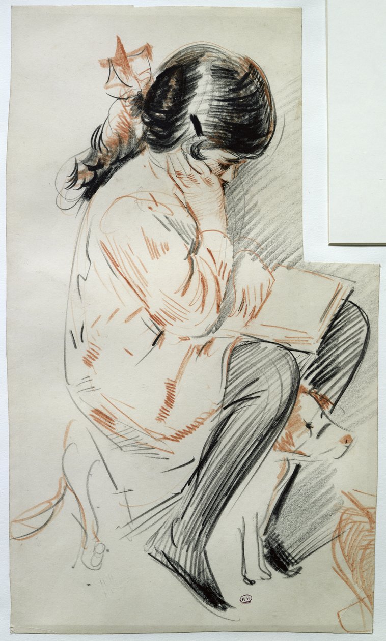Paulette leser sitter på lekehunden sin (farget blyant på papir) av Paul Cesar Helleu