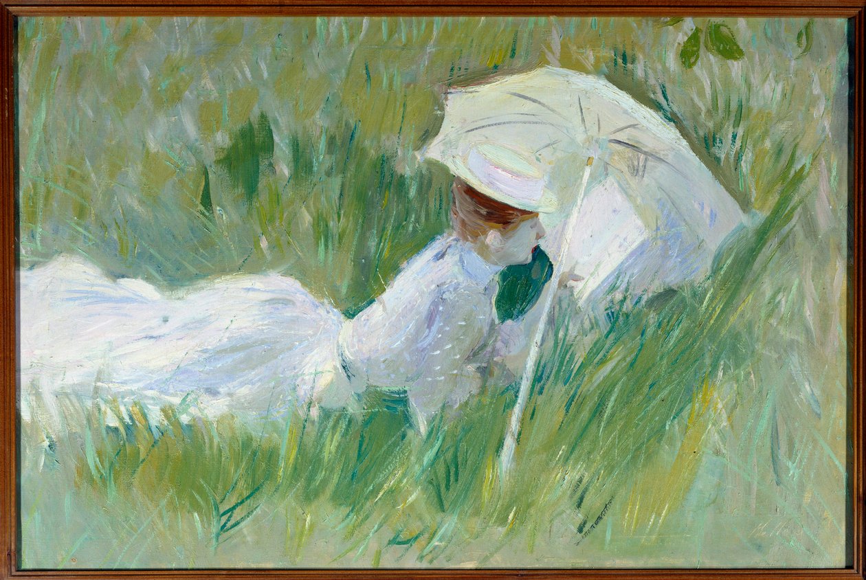 Portrett av Madame Helleu, kona til maleren, i gresset Maleri av Paul Cesar Helleu (1859-1927) før 1927, olje på lerret, Dim. 0,54x0,81 m Rouen, musee des Beaux Arts - Portrett av Madame Helleu, kona til maleren, liggende i gresset. Maleri b av Paul Cesar Helleu