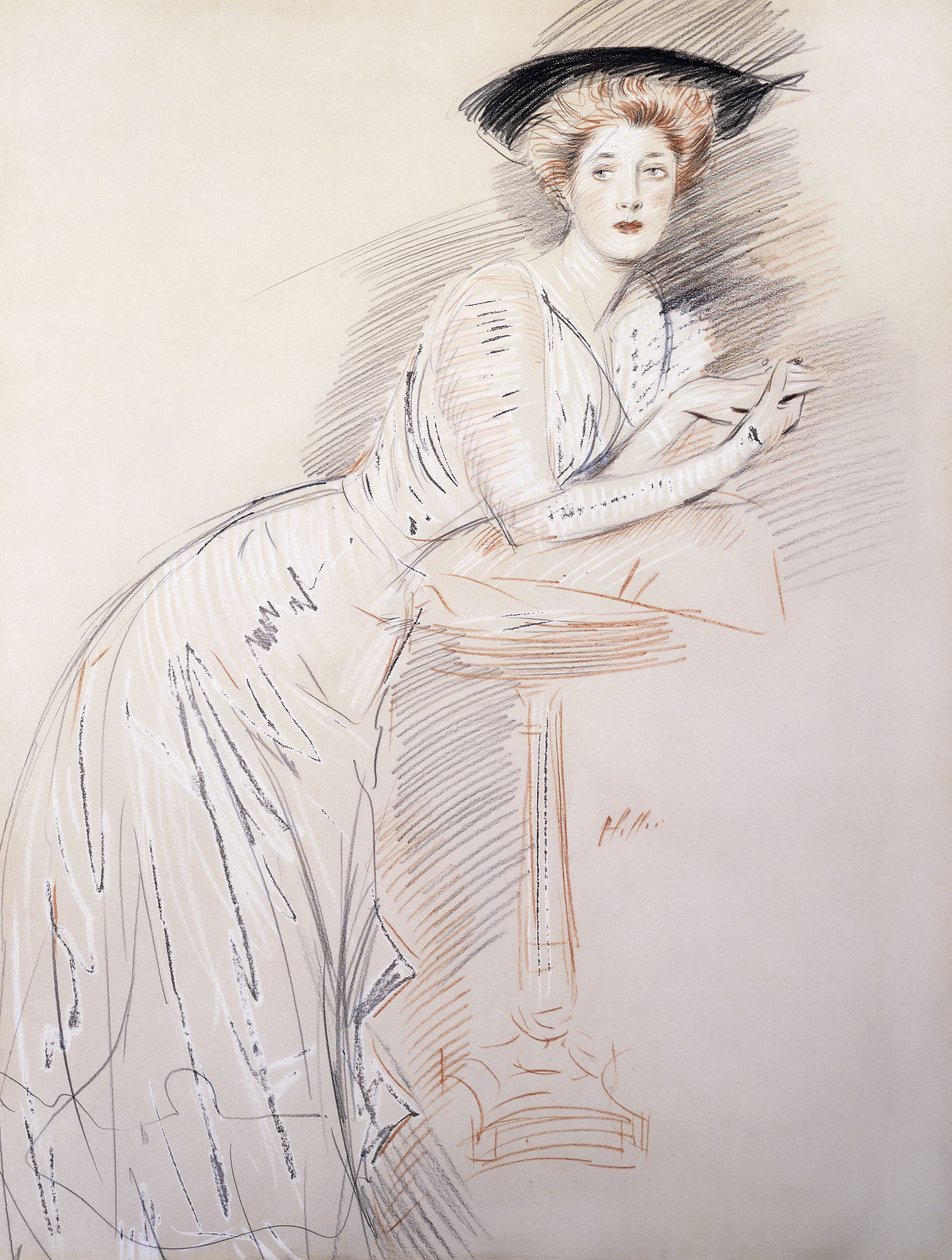 Portrett av frøken Taylor lener seg på et bord, av Paul Cesar Helleu