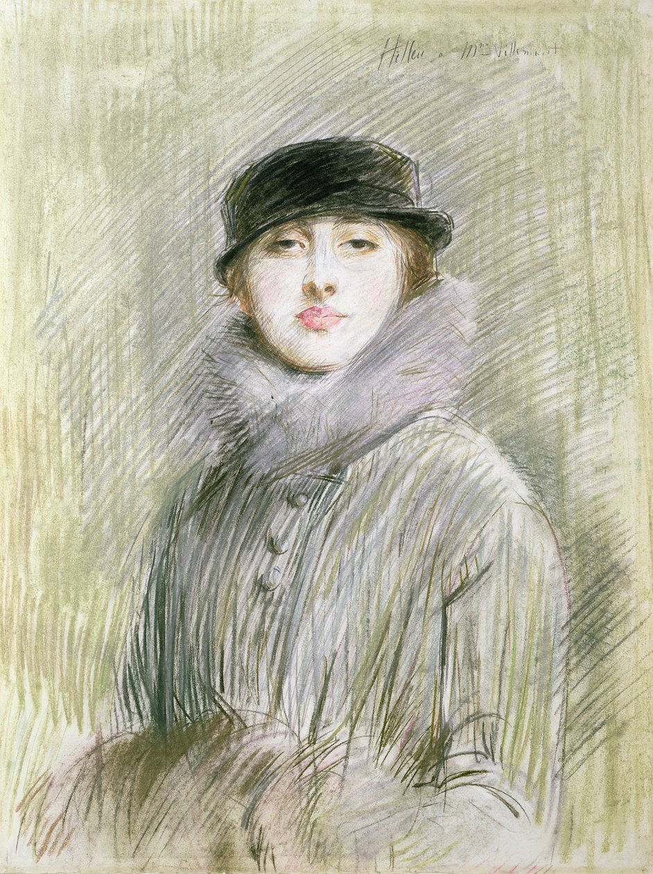 Portrett av en dame med pelskrage og muffe, 1900-tallet (tegning) av Paul Cesar Helleu
