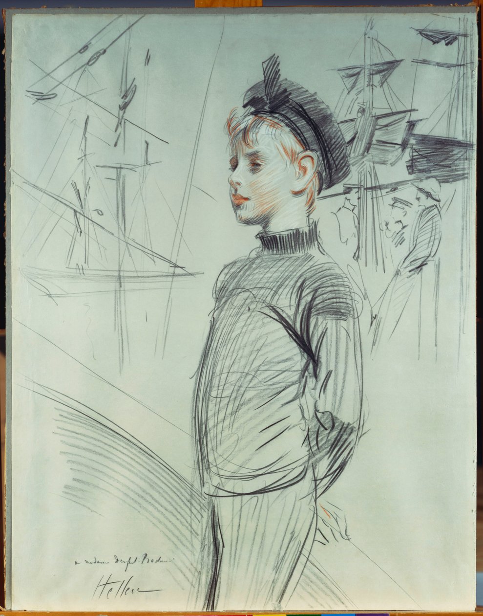 Portrett av en ung gutt i en sjømannshatt og turtle-neck, med skip i bakgrunnen av Paul Cesar Helleu