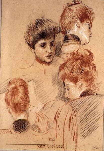 Studier av Mme. Helleu og Mme. Clarighy, ca. 1892-95 (kritt) av Paul Cesar Helleu