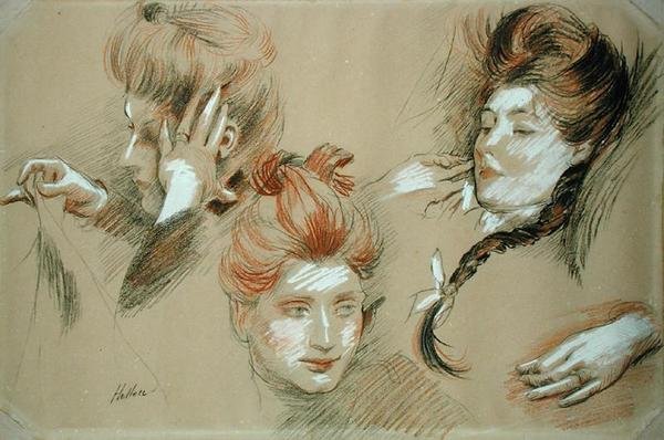 Studie av kvinner (rødt og svart kritt forsterket med hvitt på papir) av Paul Cesar Helleu