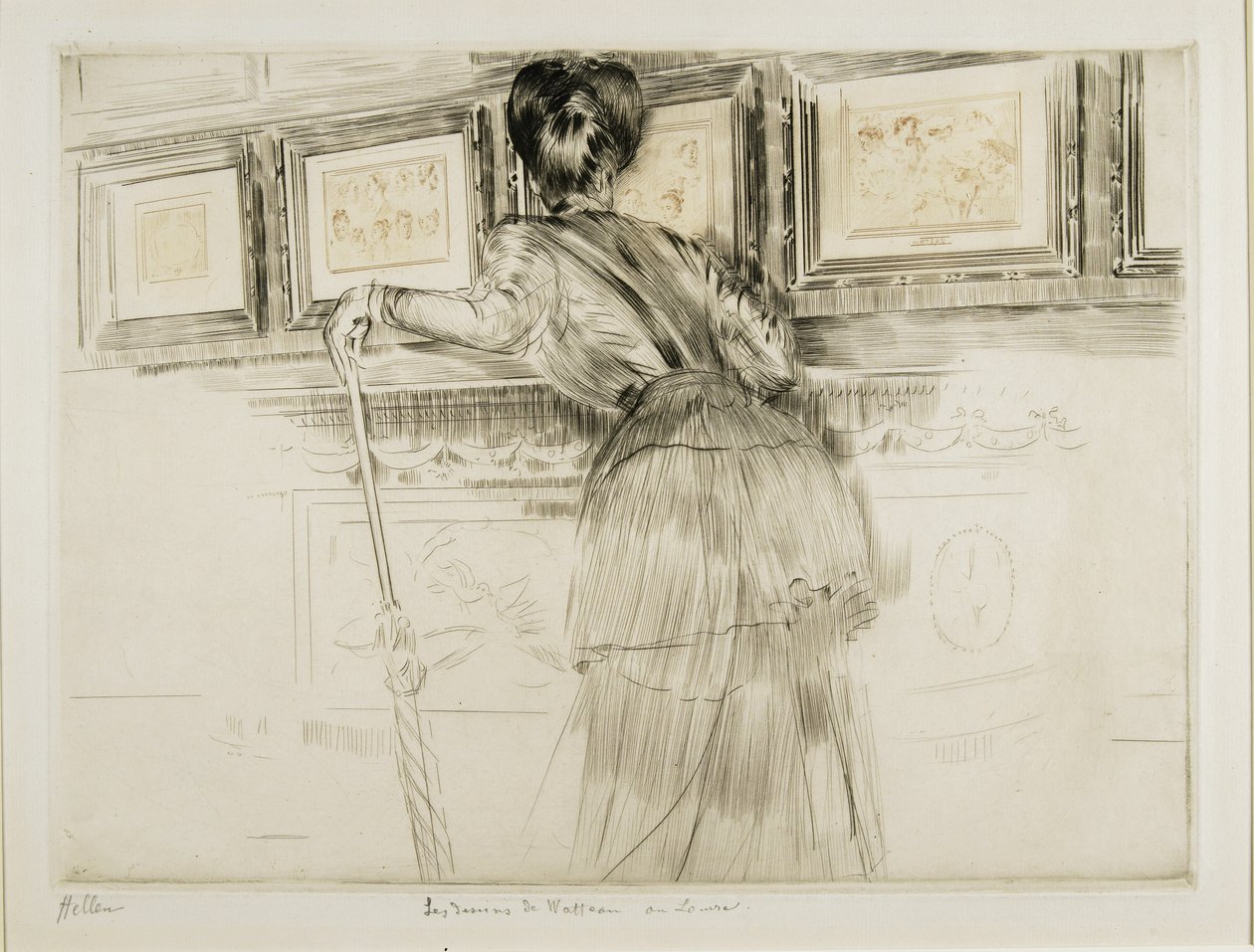 Kvinne ser på Watteau-tegninger i Louvre, ca. 1895 av Paul Cesar Helleu