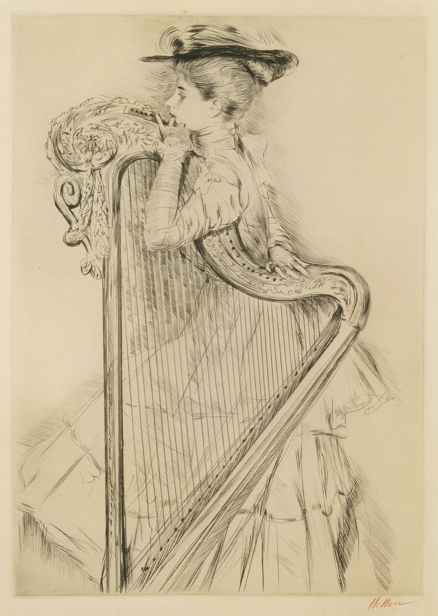 Kvinne med harpe (tørrpunkt) av Paul Cesar Helleu