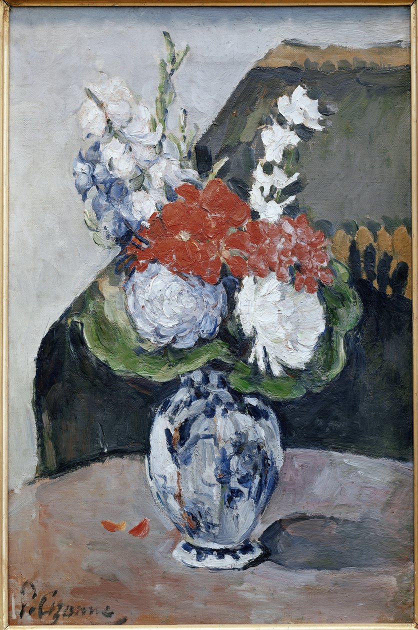 Bukett i en vase av Delft (olje på lerret av Paul Cézanne