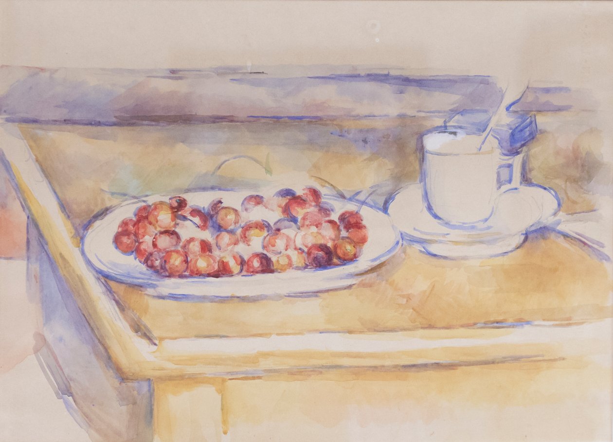 Kopp og fat med kirsebær, ca. 1890 (blyant og akvarell på papir) av Paul Cézanne