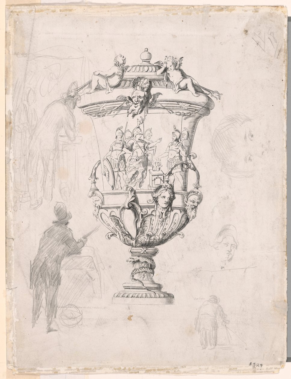 Figurstudier rundt en gravering av en dekorativ vase av Paul Cézanne