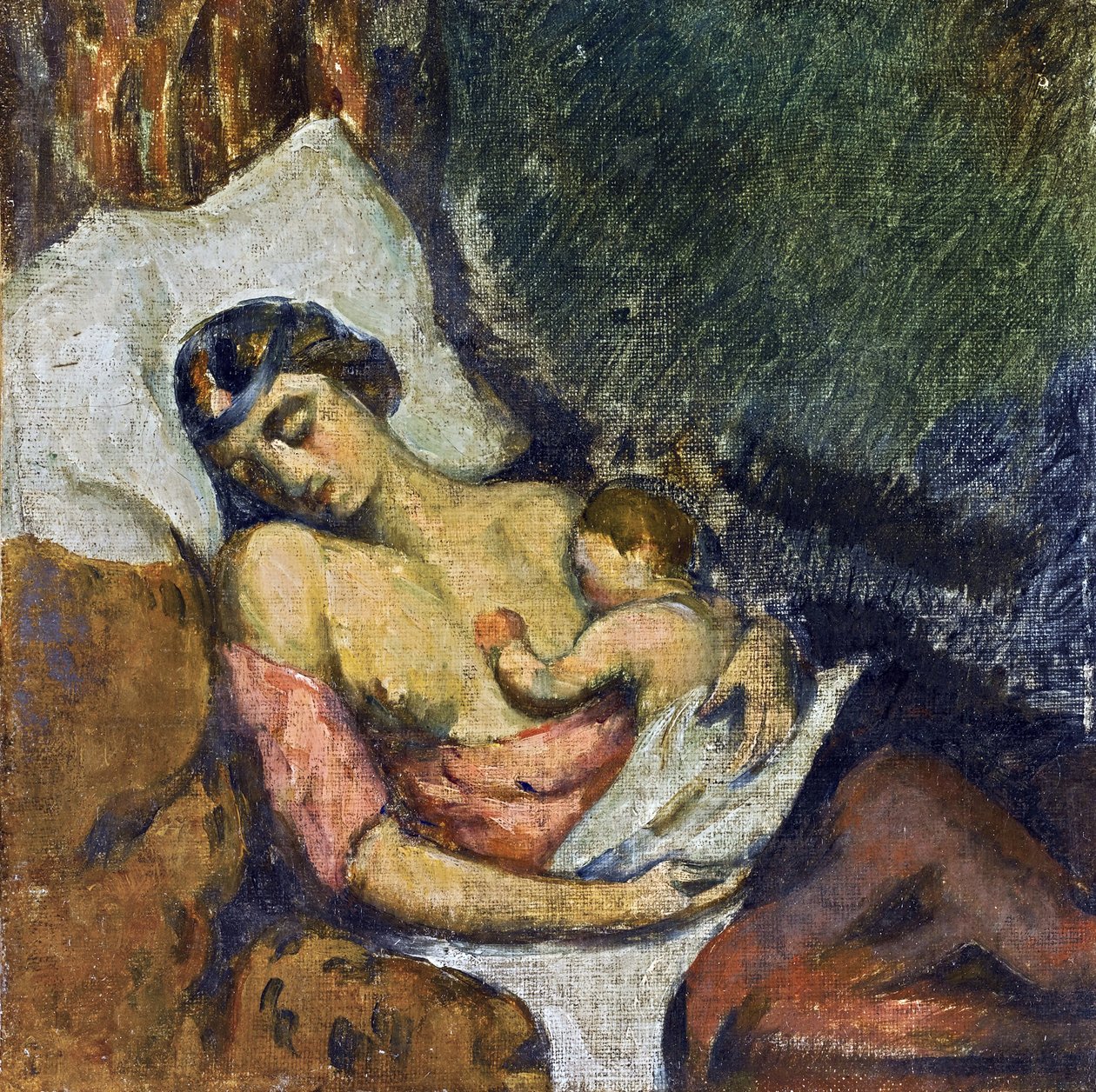 Hortense allaitant Paul - Kvinne som ammer sitt barn par Cezanne, Paul (1839-1906), ca 1872 - Olje på lerret, 23,2x23,2 - Privat samling av Paul Cézanne