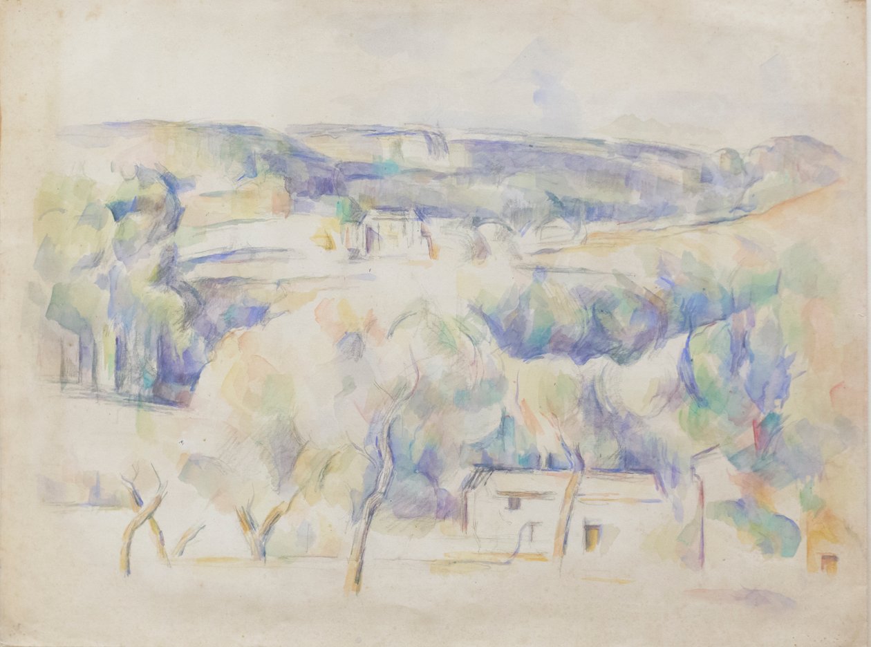 Hus og lund, ca. 1890 (blyant og akvarell på papir) av Paul Cézanne