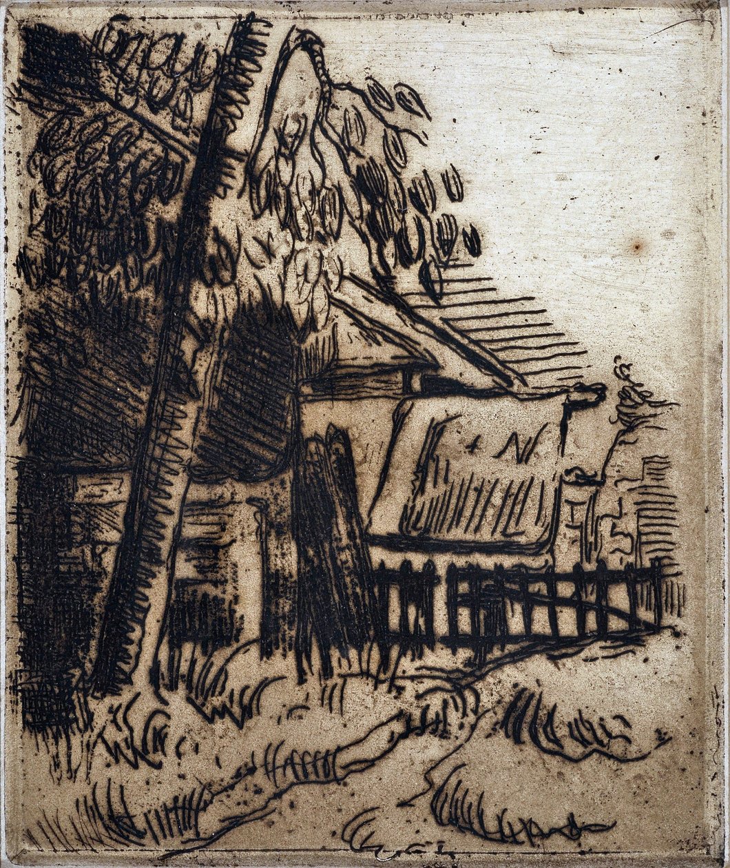 Hus i Auvers-sur-Oise (Auvers-sur-Oise). Gravering av Paul Cezanne (1839-1906). Etsing. Sol: 13,4x11,1cm. Granet-museet, Aix En Provence. av Paul Cézanne
