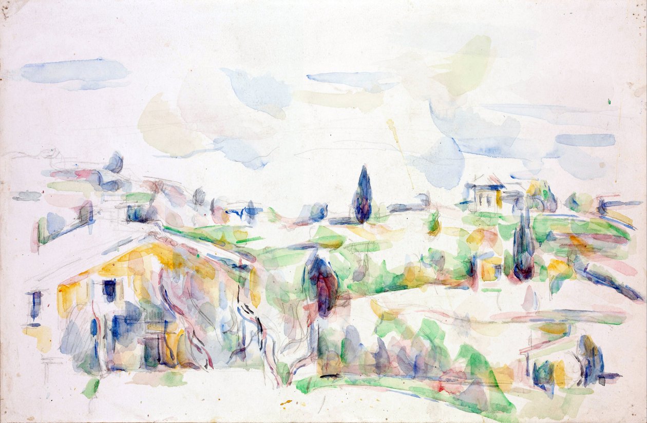 Landskap i Provence - Cezanne, Paul (1839-1906) - 1895-1900 - Akvarell på papir - 31,3x47,8 cm- Szepmuveszeti Muzeum, Budapest av Paul Cézanne