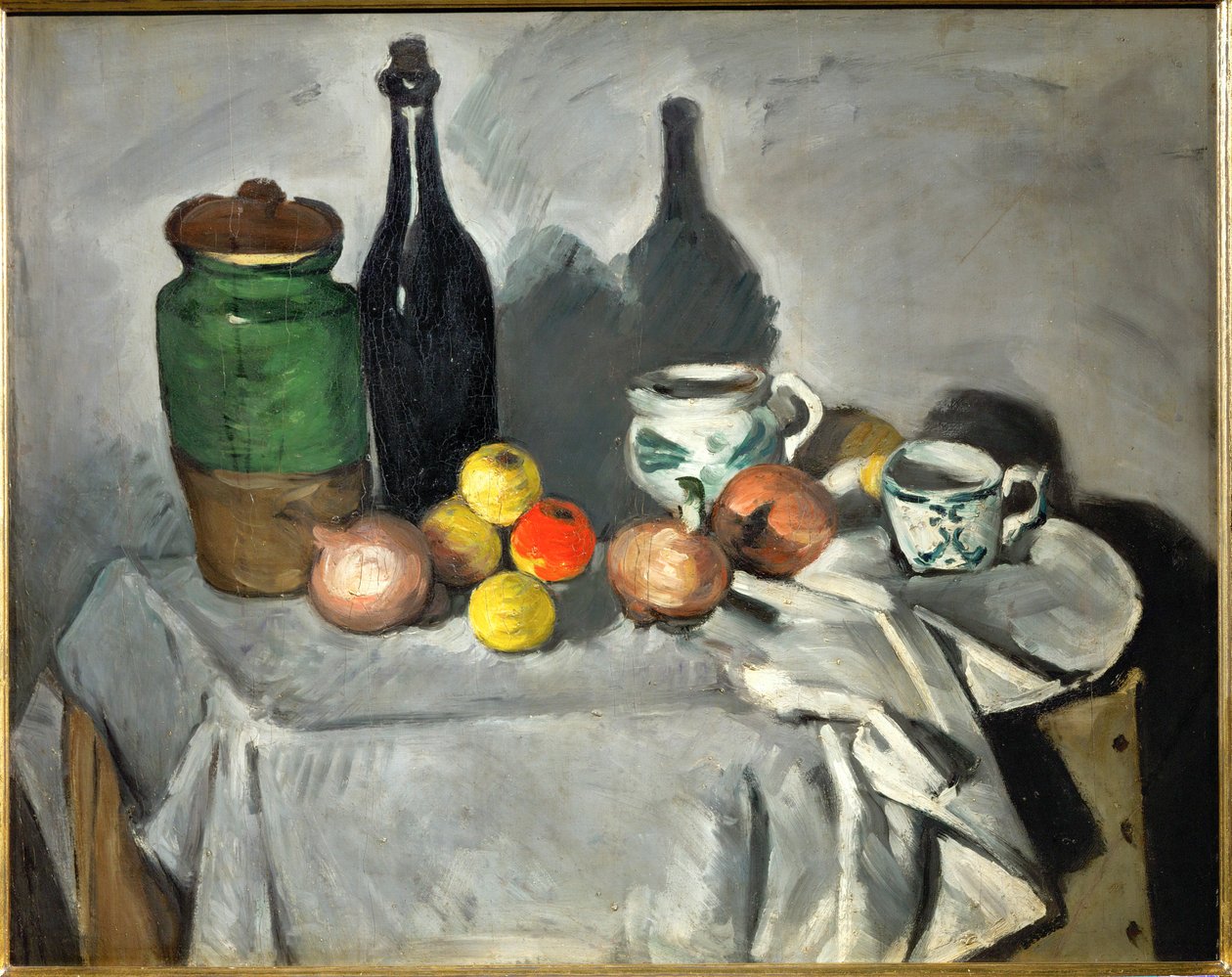 Stilleben: Potter, flaske, kopp og frukt (olje på lerret) av Paul Cezanne