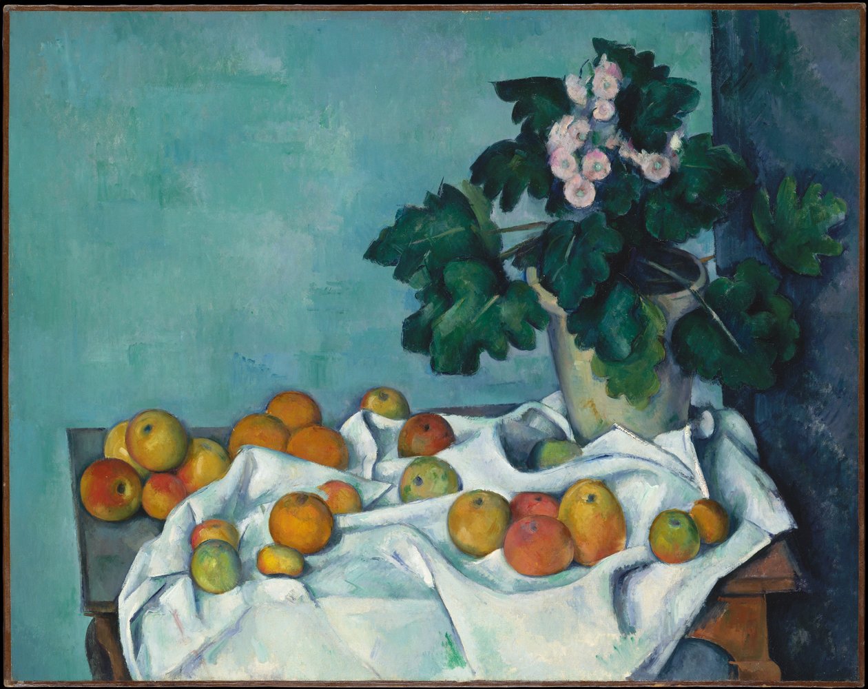 Stilleben med epler og en potte primula av Paul Cézanne