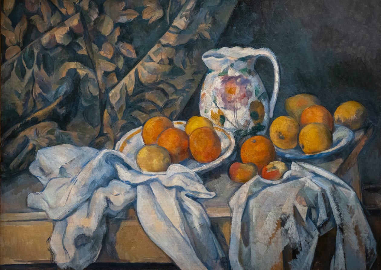 Stilleben med gardin av Paul Cézanne