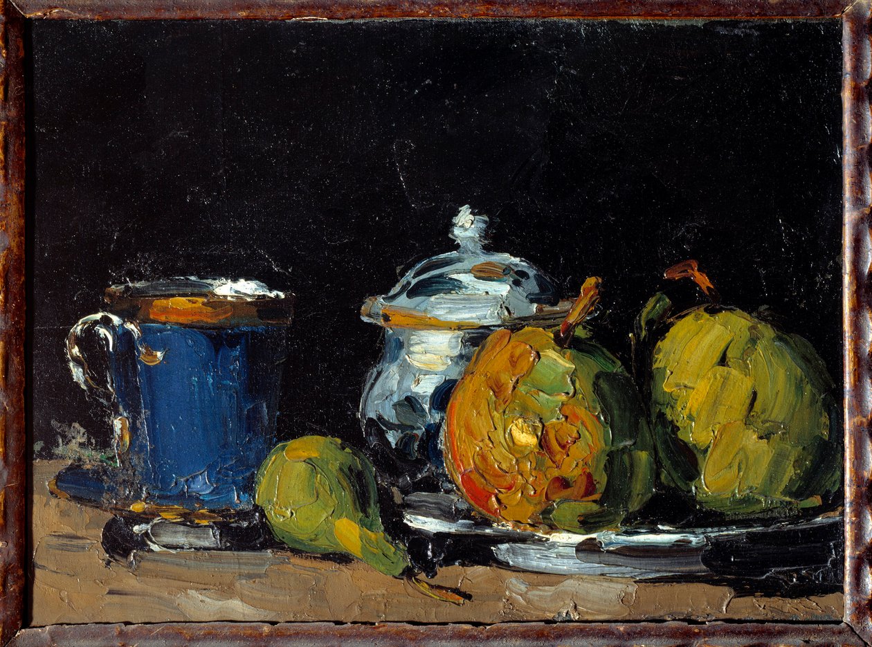 Sukkerskål, blå kopp og pærer Maleri av Paul Cezanne (1839-1906) 1866 Aix En Provence. Granet museum av Paul Cézanne