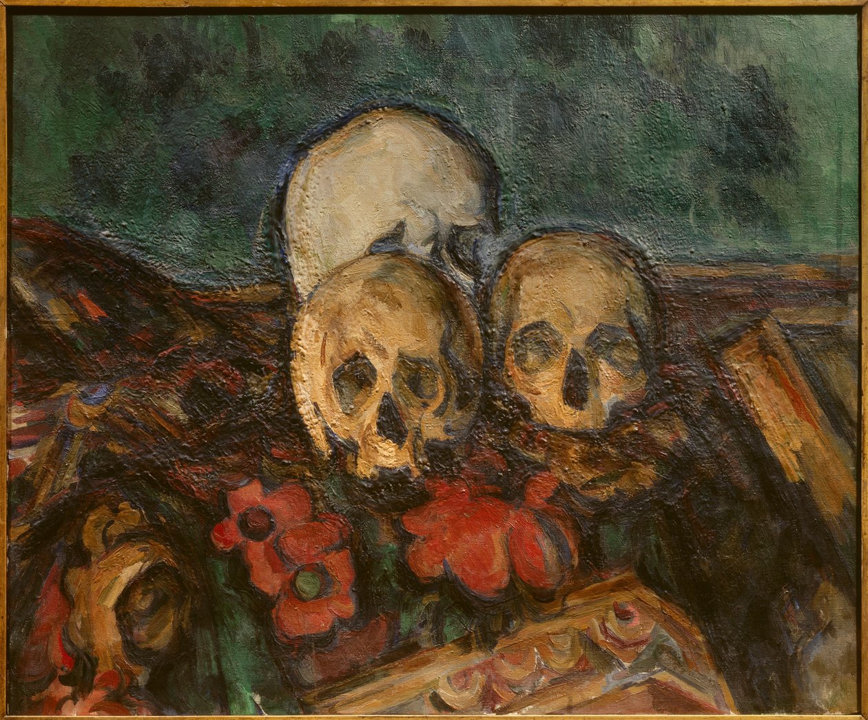 Tre skinn på et orientalsk teppe Maleri av Paul Cezanne (1839-1906) 1898 Solothurn. Kunstmuseum. - Tre hodeskaller på et orientalsk teppe. Maleri av Paul Cezanne (1839-1906) av Paul Cézanne