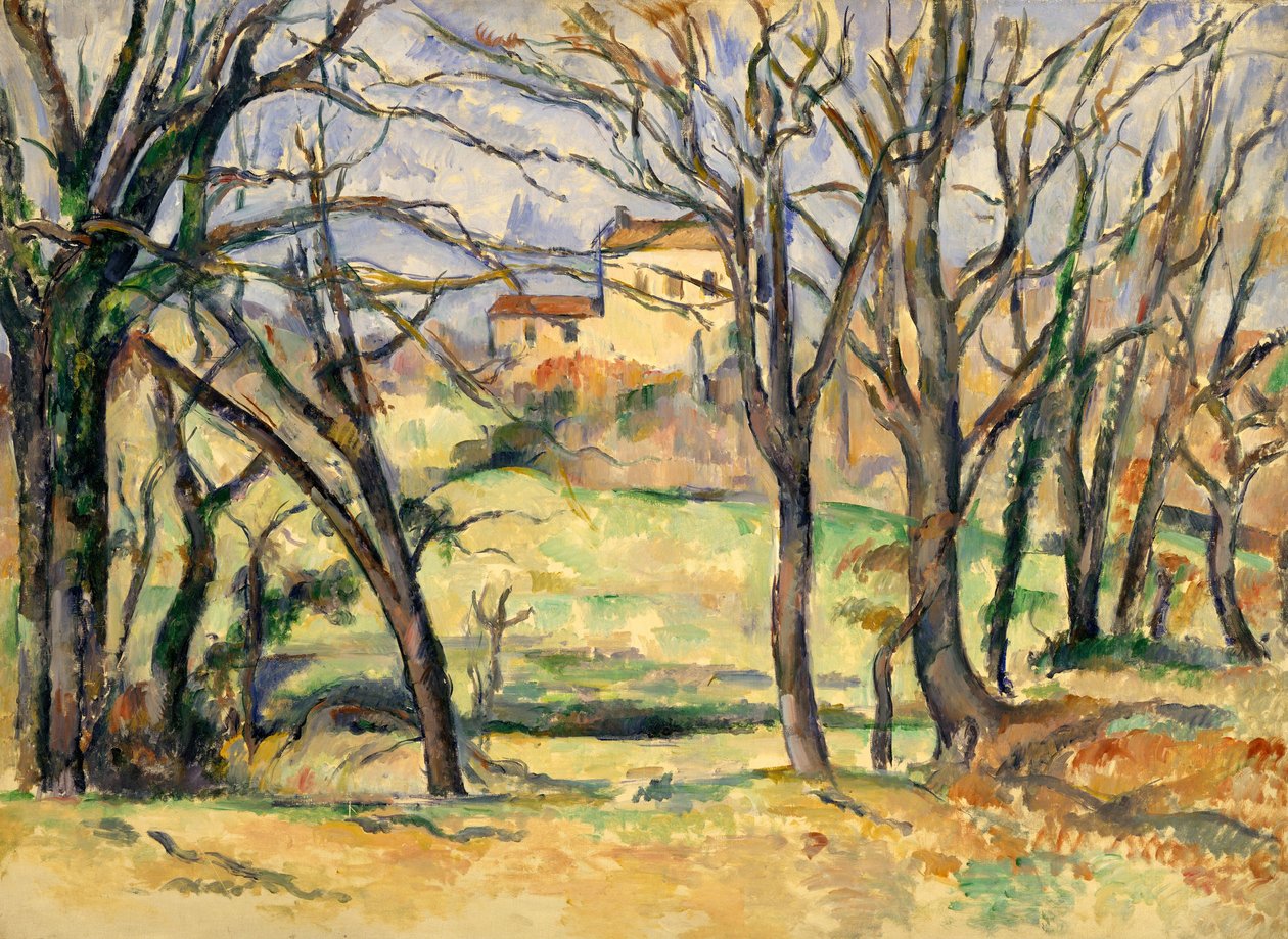 Trær og hus i nærheten av Jas de Bouffan av Paul Cézanne