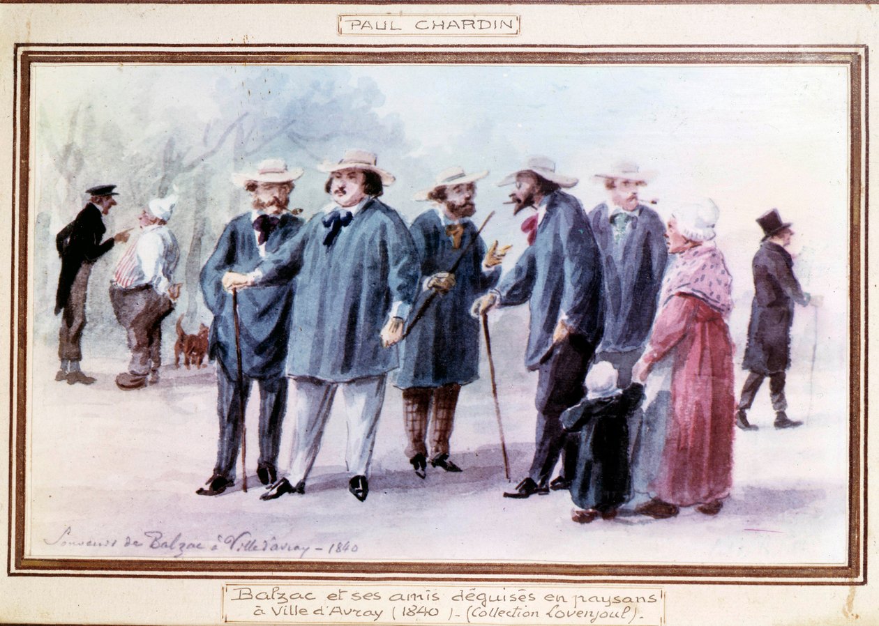 Den franske forfatteren Honore de Balzac (1799-1850) og vennene hans forkledde seg som bønder i byen Avray i 1840. Akvarell malt etter minnet av Paul Chardin (1833-?) av Paul Chardin