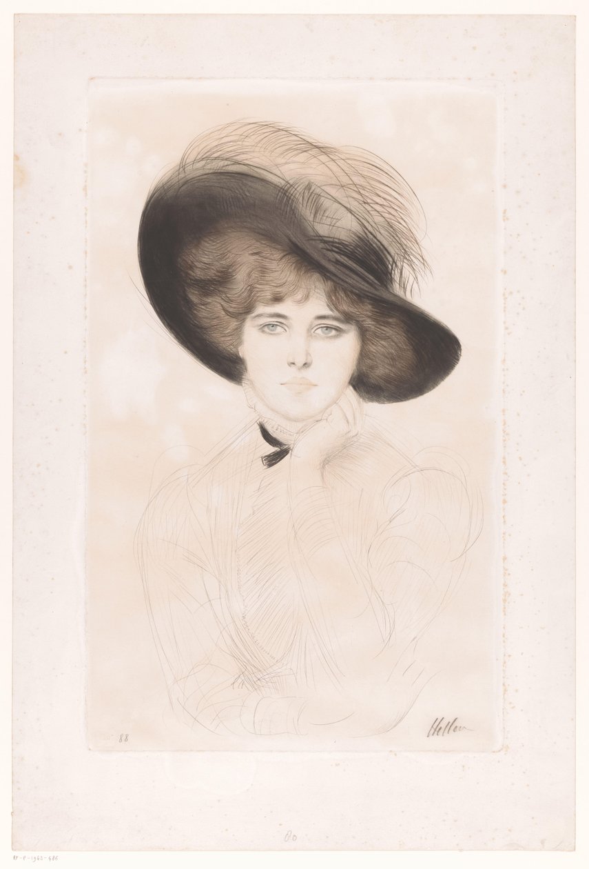 Portrett av en ukjent kvinne med hatt av Paul César Helleu (signed by artist)