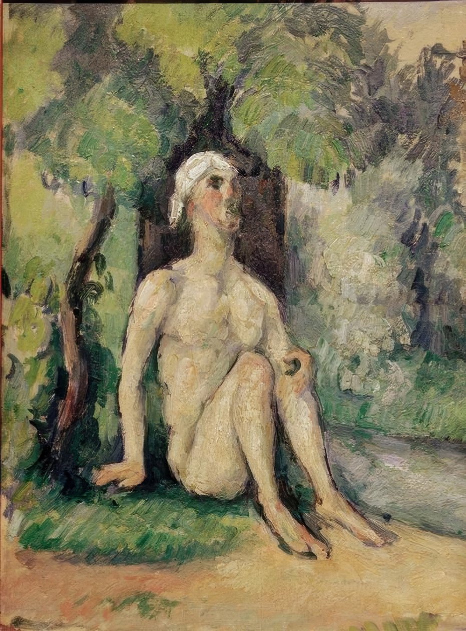 Badende sitter ved vannet av Paul Cézanne