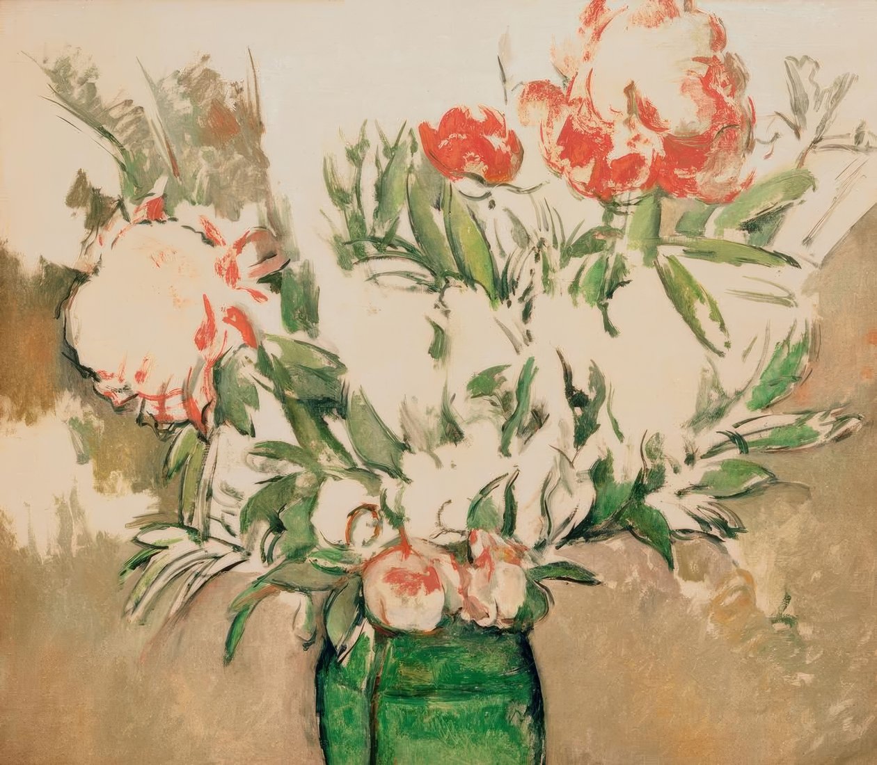 Bukett med peoner i en grønn gryte av Paul Cézanne