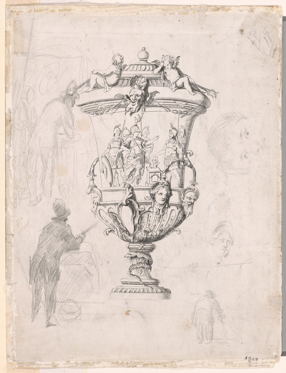 Figurstudier rundt en gravering av en dekorativ vase av Paul Cézanne