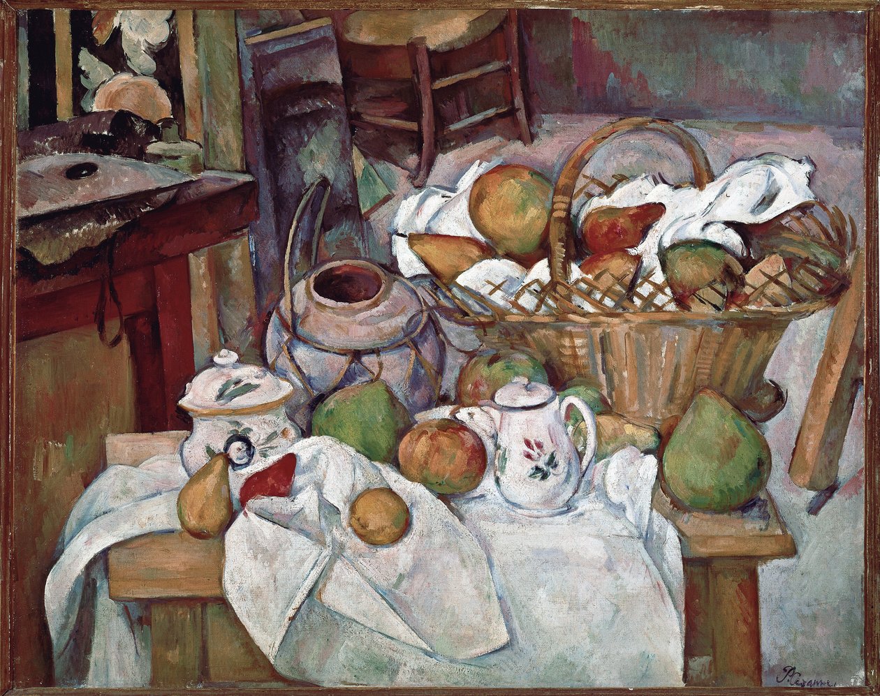 Kjøkkenbord eller stilleben med kurv - olje på lerret av Paul Cézanne
