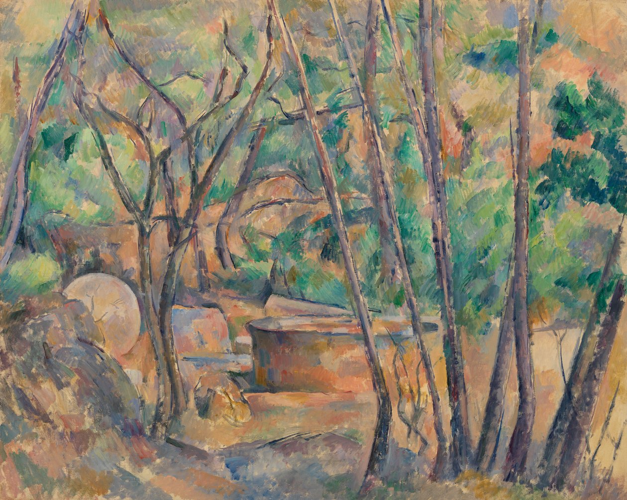 Kvernstein og sisterne under trær av Paul Cézanne
