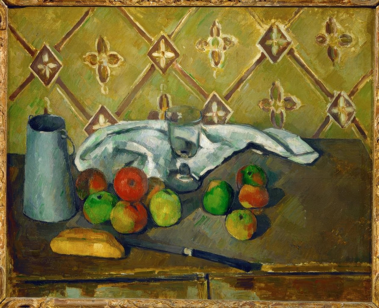 Stilleben (frukt, serviett og melkedrikk) av Paul Cézanne