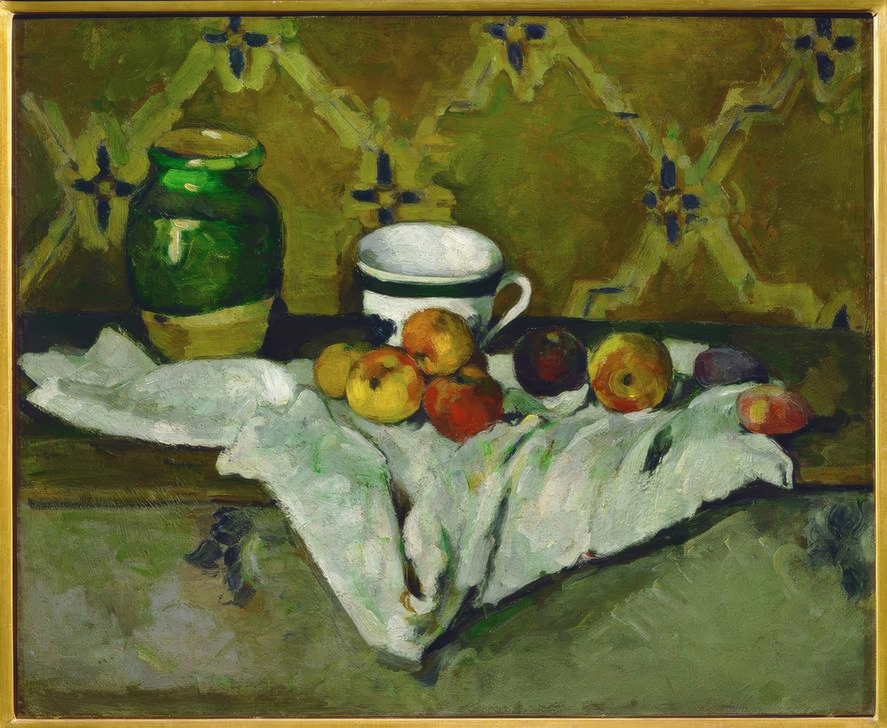 Stilleben (keramikk, kopp og frukt av Paul Cézanne