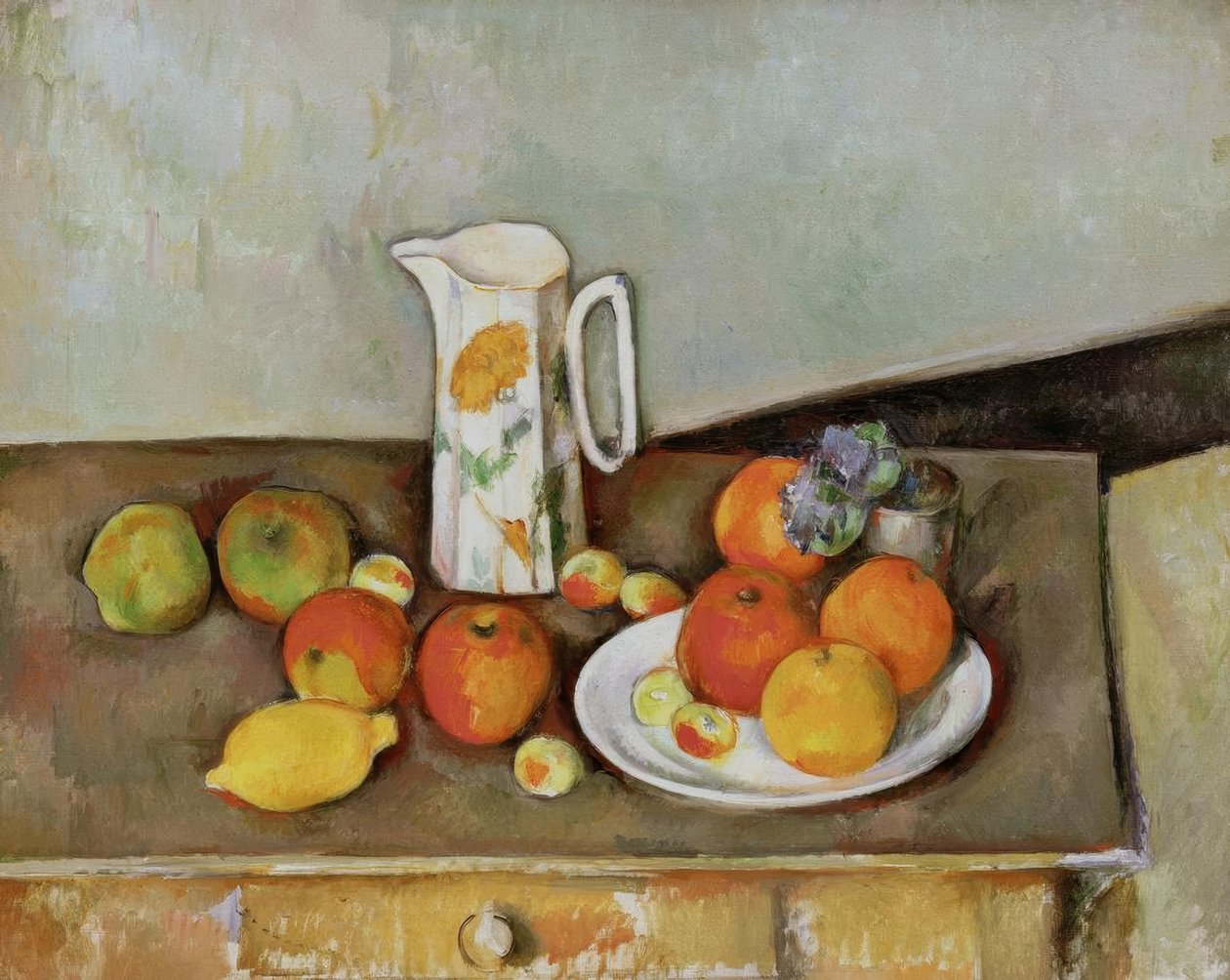 Stilleben: melkekanne og frukt på et bord av Paul Cézanne