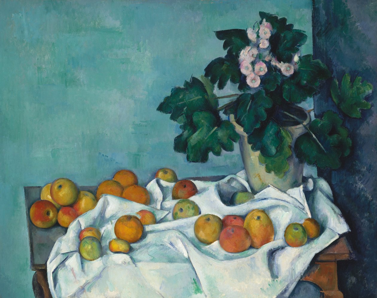 Stilleben med epler og en gryte med primula, ca. 1890 av Paul Cézanne
