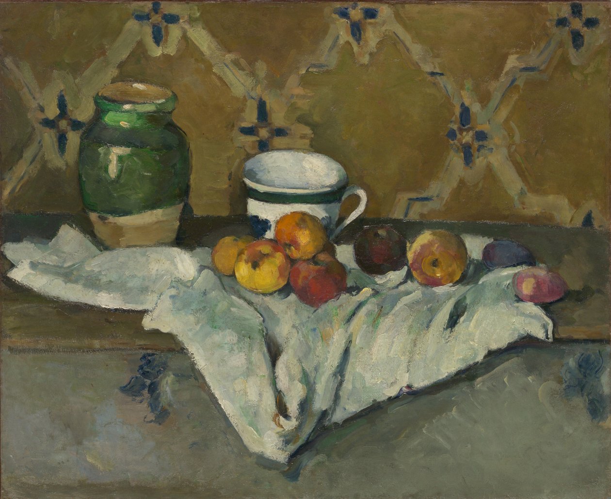 Stilleben med krukke, kopp og epler, ca. 1877 av Paul Cézanne