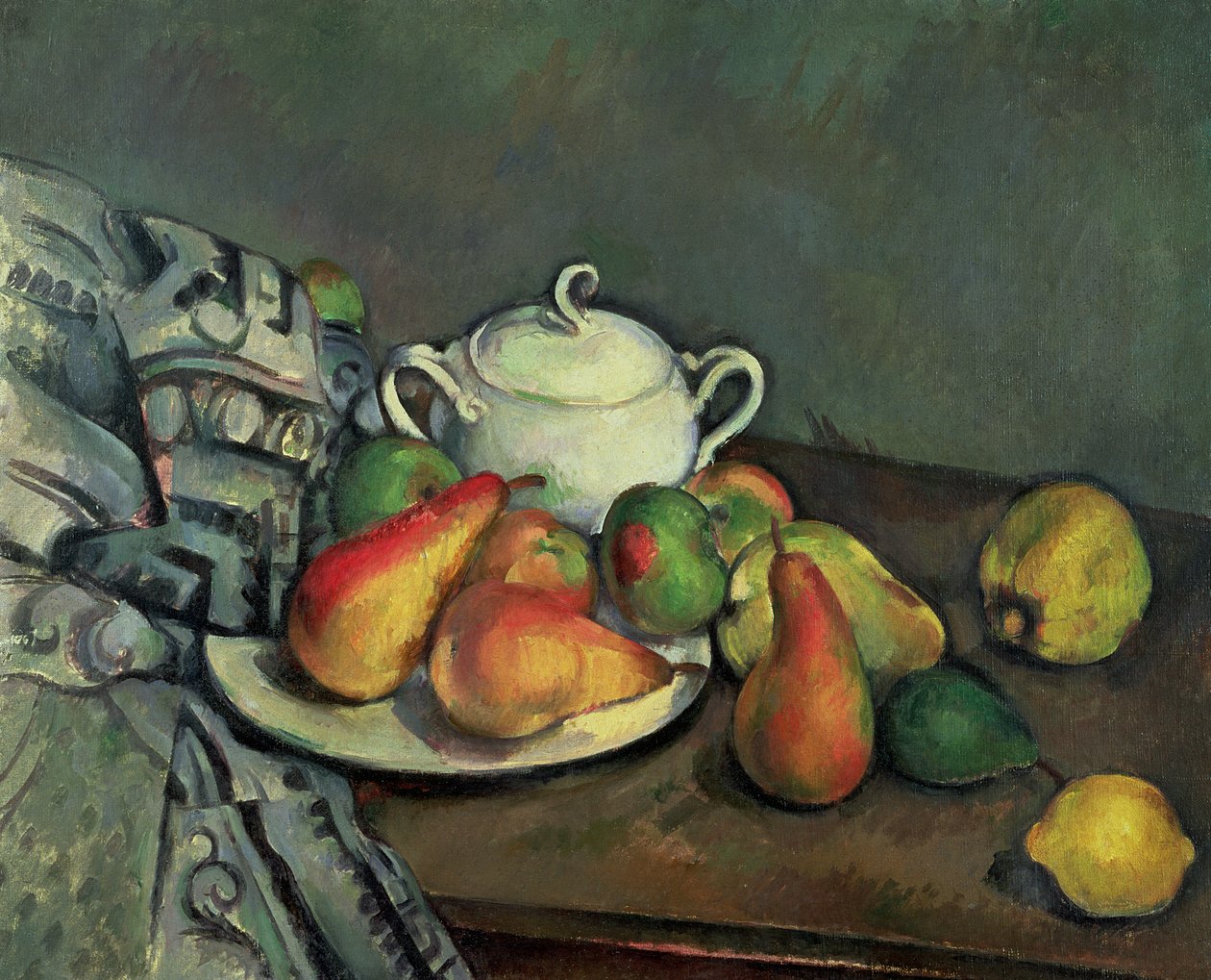 Stilleben med sukkerbasseng og frukt av Paul Cézanne