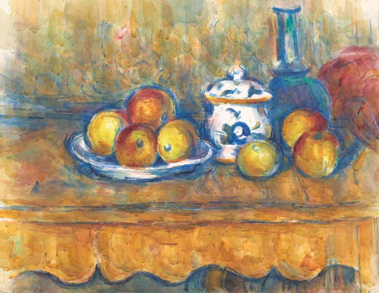 Stilleben med blå flaske, sukkerskål og epler av Paul Cézanne