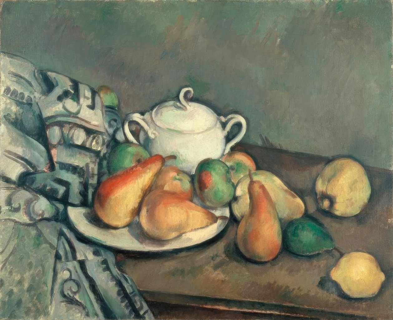 Sukkerbolle, pærer og matter av Paul Cézanne