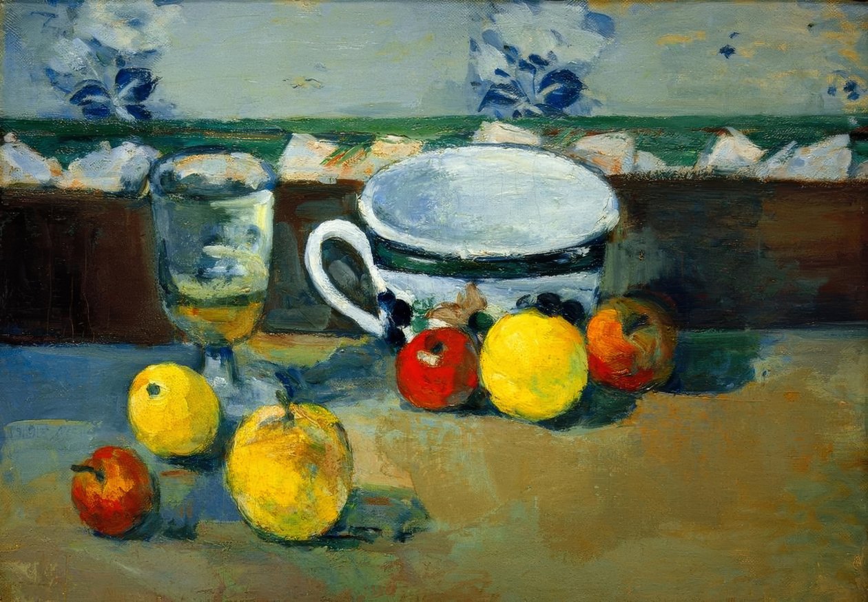 Beger, glass og frukt II av Paul Cézanne