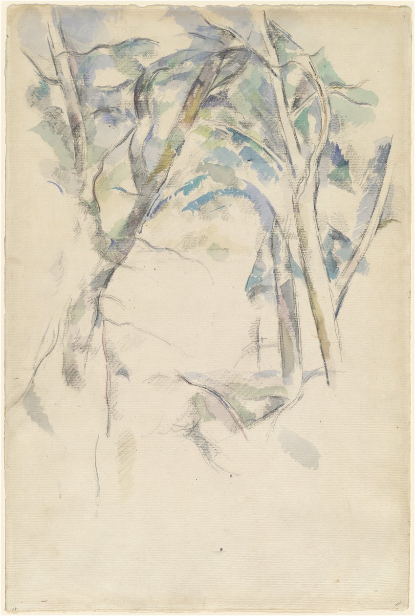 Trær som lener seg over steiner, ca. 1892. av Paul Cézanne