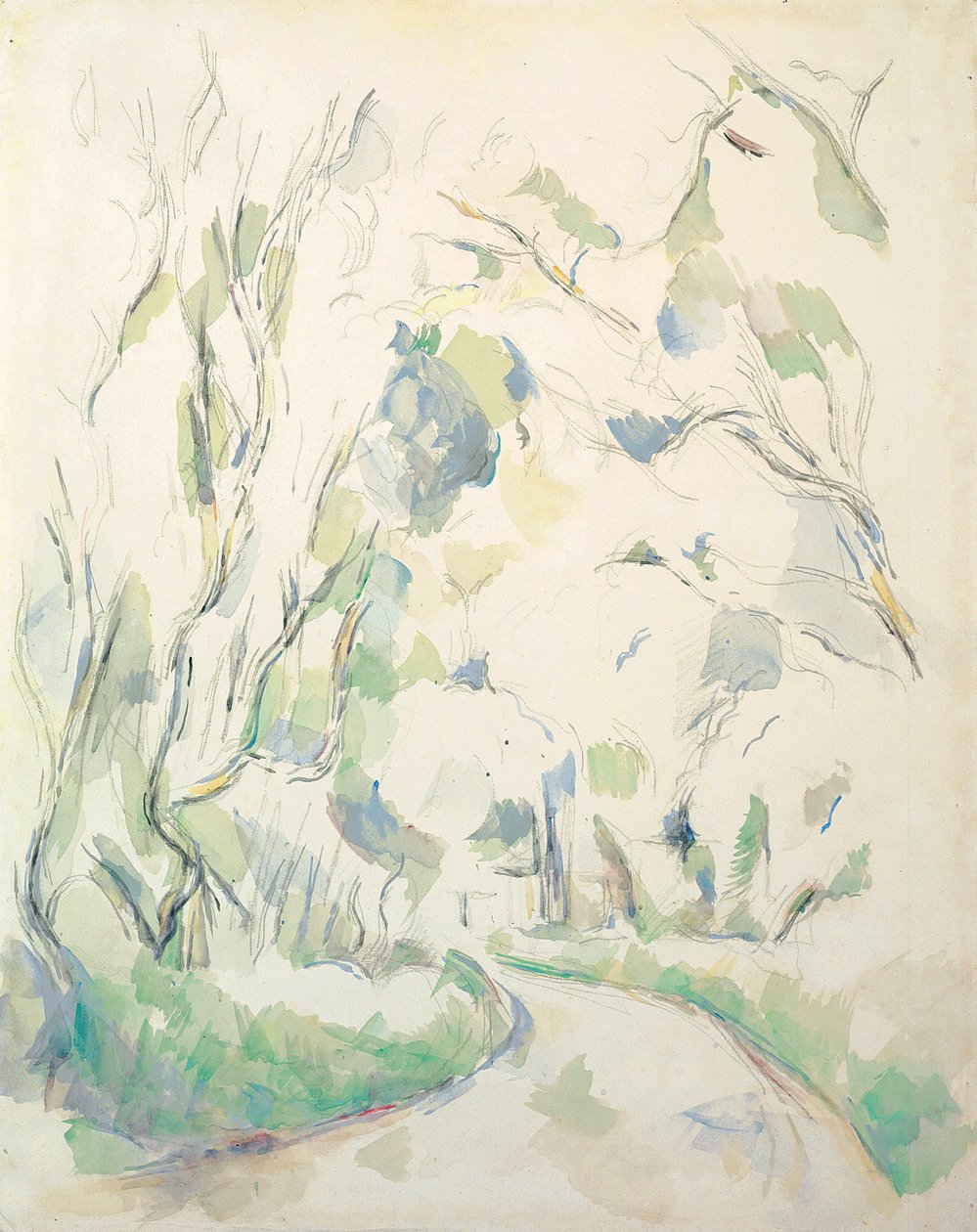 Brønner og en svingete sti i Chateau Noir Park; Vel og svingete vei på eiendommen til Chateau Noir, ca. 1900 av Paul Cézanne