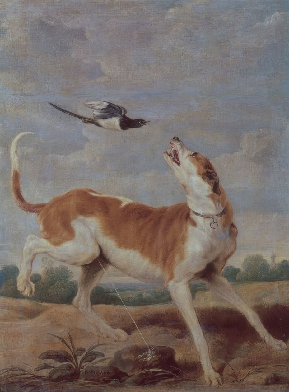 El perro y la picaza’, 1600-tallet, Olje på lerret, 115 cm x 83 cm, P01868 av Paul De Vos