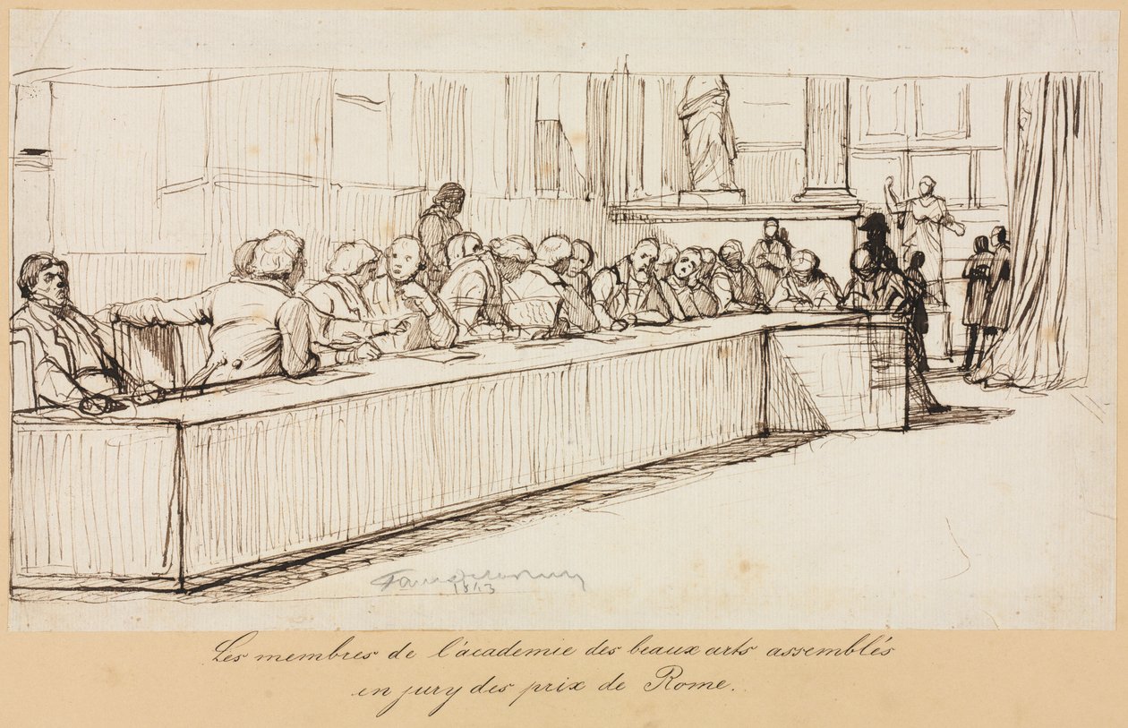 Medlemmene av Academy of Beaux-Arts samlet til juryen for Roma-prisen av Paul Delaroche