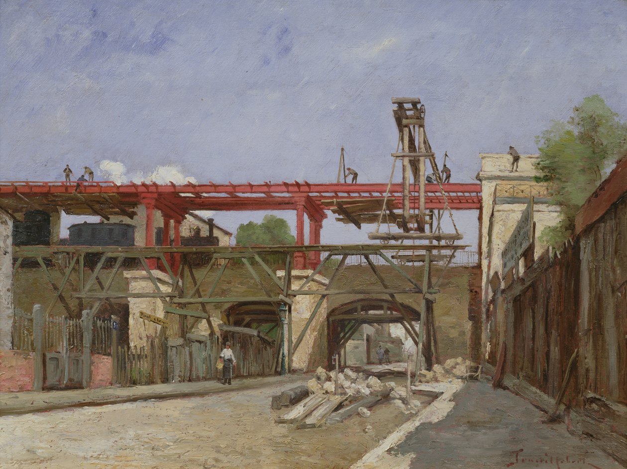 Arbeidere som hever ringveiens jernbanespor på broen til Rue de la Voute, Paris, 1888 av Paul Desire Trouillebert