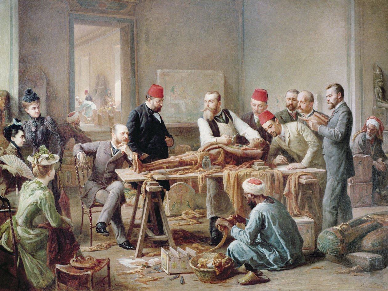 Undersøkelse av en mumie - en prestinne av Amun, ca. 1891 (olje på lerret) av Paul Dominique Philippoteaux