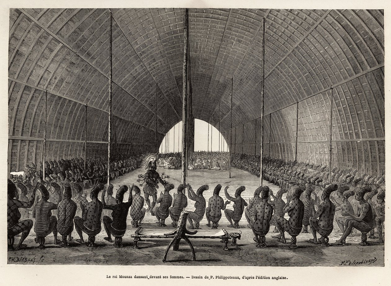 Mounza, konge av Mombouttous (Zaire), danser foran serailet sitt, sammensatt av 80 kvinner, gravert etter tegningen av P.Philippoteaux, som illustrerer en reise til hjertet av Afrika, i 1868-1871, av Dr. George Schweinfurth, publisert i "" Le tour du m av Paul Dominique Philippoteaux