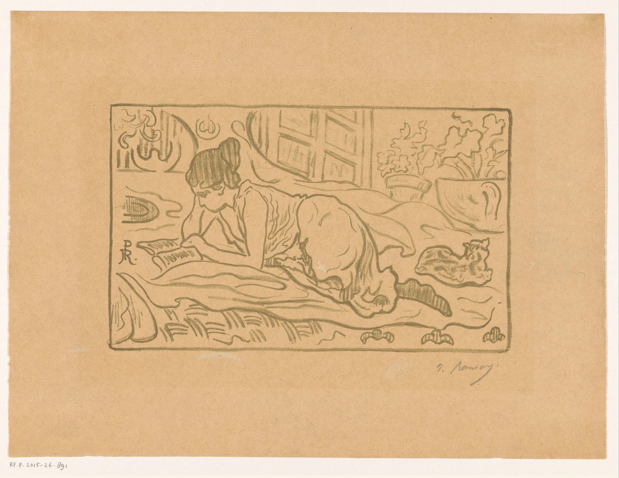 Lesende kvinne liggende på sengen av  (signed by artist) Paul Élie Ranson