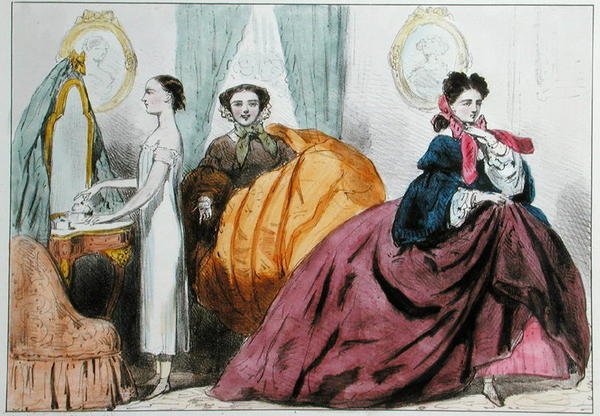 Tegneserie som satiriserer moten til krinolinen, ca. 1860 (litho-farge) av Paul Emile Detouche
