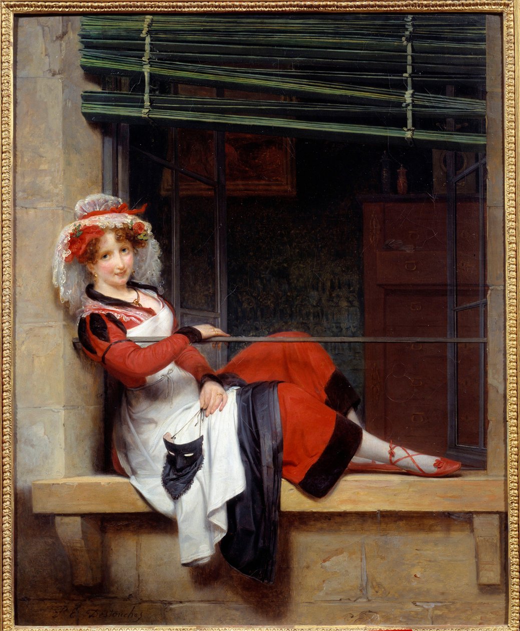 Ventetiden på skoleballet maskerer En ung kvinne som sitter på kanten av et vindu. Maleri av Paul Emile Destouches (1794-1874) Nantes musee des Beaux Arts fra 1800-tallet av Paul Emile Detouche